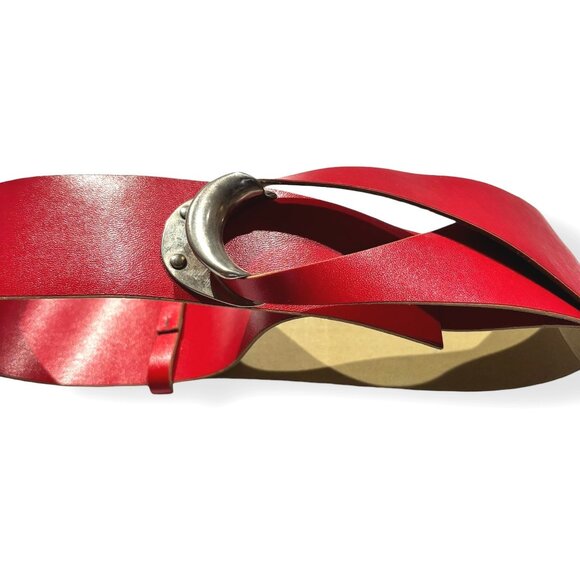 Vintage Crescent Buckle Wide Leather Hip Belt OS Statement 80s 90s Sash Loop - Picture 4 of 5